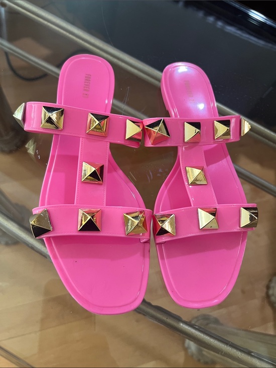 Forever 21 Shoes - Forever 21 Hot Pink Double-Strap Slide Sandals with Gold Studs